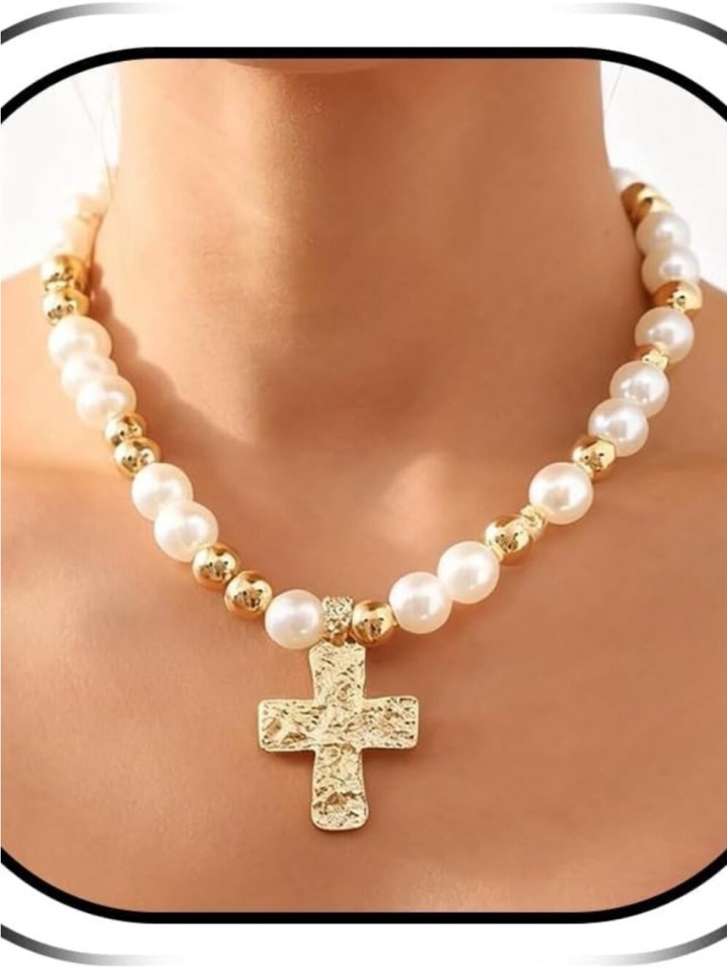 Chunky 24k Gold Platedcross Pearl Necklace Chunky Statement Cross Pendant